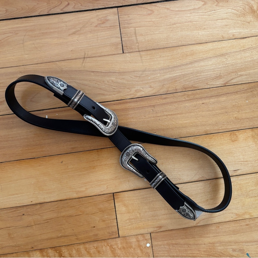 black leather western belt with silver buckles